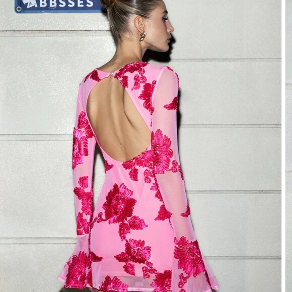 NWT Women's Commense Romance Jacquard Floral Backless Mesh Dress Pink Size Small - Picture 2 of 6